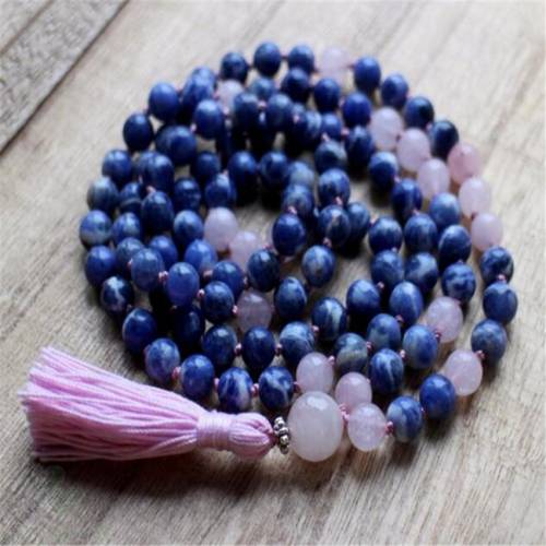 8MM Blue Sodalite Gemstone 108 Beads TasselMala Necklace Wrist Meditation tassle Chakas classic Handmade energy Sutra Buddhism