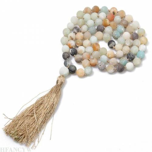 8mm Frosted Amazonite Gemstone 108 Beads Tassels Mala Necklace energy Wrist Handmade chain Chakas spirituality Meditation
