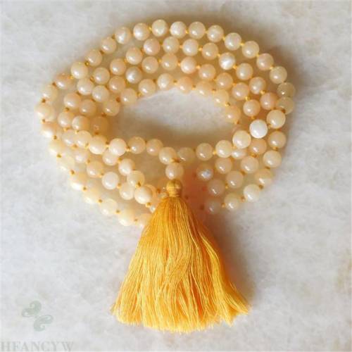 8mm Golden Calcite Stone 108 Beads Gemstone Tassel Mala Necklace Buddhism Spirituality Japa Religious Wristband Yoga Tibetan