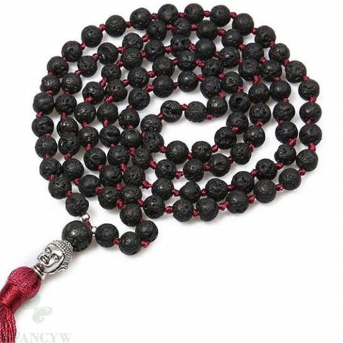 8mm Lava Stone tie a knot Tassels 108 Beads Mala Necklace Gemstone Chakas Handmade Reiki Wristband yoga Fancy natural chain