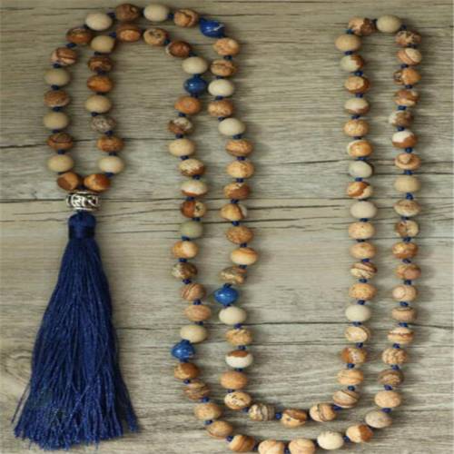 8mm Picture stone Gemstone 108 Beads Tassels Mala Necklace Chakas Meditation spirituality DIY fengshui yoga Ruyi Unisex cuff