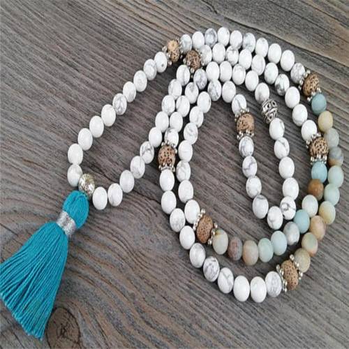 8mm White howlite Amazonite Mala Bracelet 108 Beads Gemstone Veins Tassel MONK Wrist Gemstone yoga Bless Chakas chain Meditation