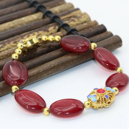 Bohemia style new design charms cloisonne spacers beads 13*18mm red chalcedony jades oval strand bracelets jewelry 75inch B2727