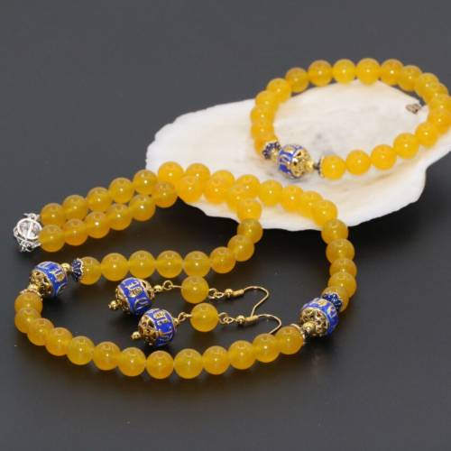 Bohemia style new design yellow jades chalcedony stone round beads 8mm earrings necklace bracelets women jewelry set B2680