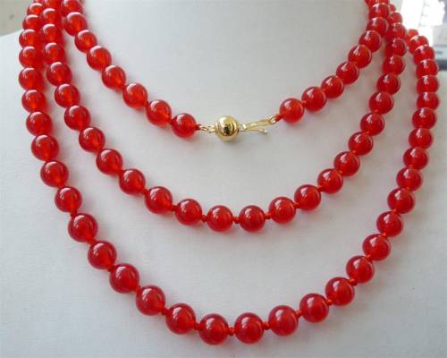 Charming 8mm natural stone dyed red round jades chalcedony beads long chain necklace for women elegant diy jewelry 50inch BV355