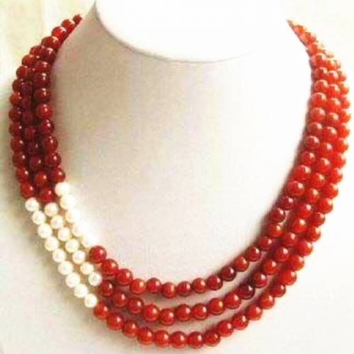 Fashion 3 Rows Necklace For Women 8mm Red Stone Jades White Pearl Beads Strand Necklaces Elegant Gifts Jewelry 17-19inch BV24