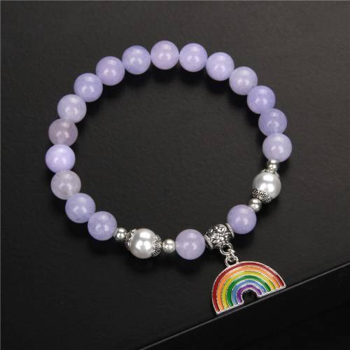 Fashion Lucky Bracelet 8mm Jades Beads Charm Bracelet Natural Stone Angelite Metal Rainbow Pendant Bracelet Women Lovely Jewelry