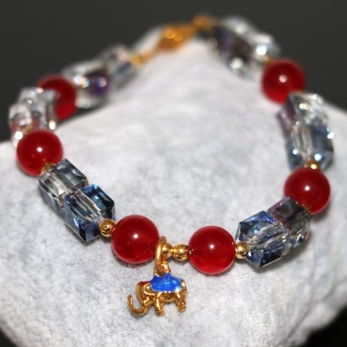 Fashion women charms 8mm red jades chalcedony stone round beads bracelet crystal elephant cloisonne elegant jewels 75inch B2964
