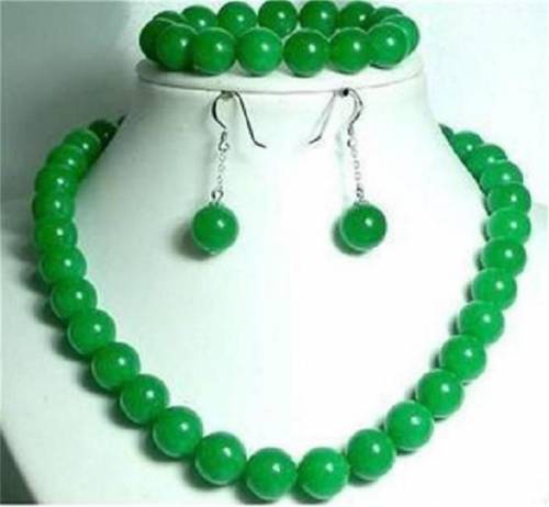 Free Shipping new Fashion10mm Green jades chalcedony Round Beads Necklace 18 & Bracelet 75