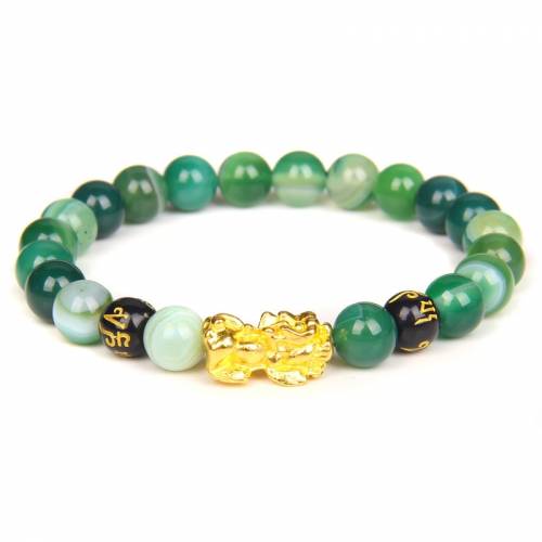 Green Agates Beads Bracelet Feng Shui Pixiu Bracelets For Women Men Striped Agates Multicolor Jades Wristband Wealth Good Luck