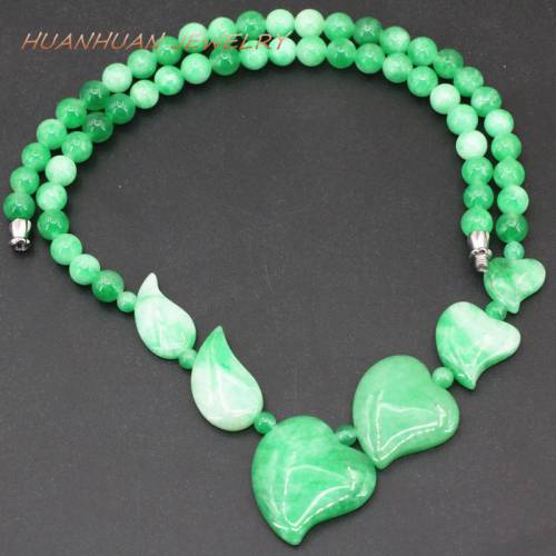 Green Jades Natural Stone Beads Necklace Pendant For Women 6mm Round Chalcedony Heart Leaf Necklaces Chain Jewelry 18inch B3394