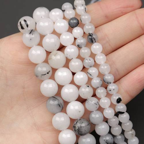 Hesiod 6/8/10mm Black Spot White Jades Natural Stone Beads Round Loose Spacer Bead for Jewelry Making DIY Bracelet Necklace 15‘‘