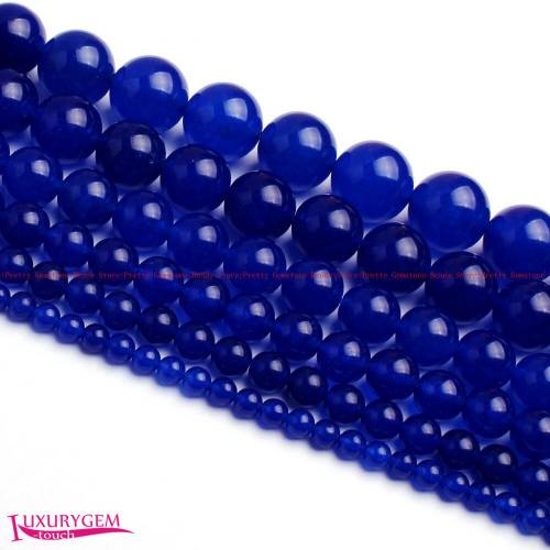 High Quality 4 - 6 - 8 - 10 - 12 - 14mm Smooth Natural Deep Blue Jades Round Shape Gems Loose Beads Strand 15 Jewelry Making wj385