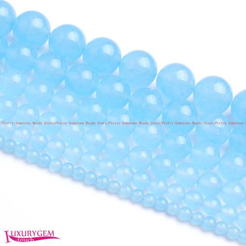 High Quality 4 - 6 - 8 - 10 - 12 - 14mm Smooth Natural Light Blue Jades Round Shape Gems Loose Beads Strand 15 Jewelry Making wj386