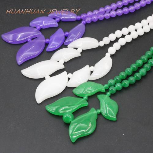 Leaf Necklace & Pendant Natural Stone Beads For Women 6mm Jades Round Chalcedony Long Pendants Elegant Diy Jewelry 18inch B3393