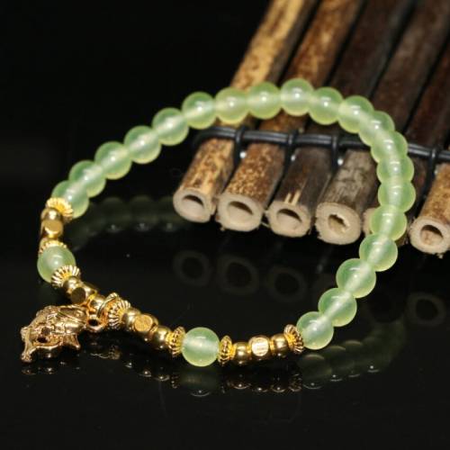 Light green jades stone chalcedony original design bracelet 6mm round beads gold-color cute fish pendant jewelry 75inch B2107