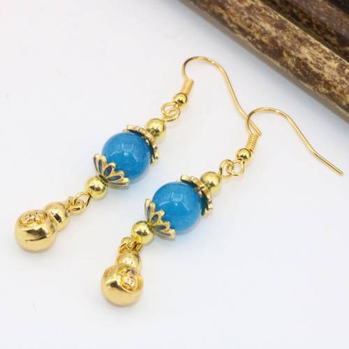 Lovely new fashion elegant drop earrings gold-color gourd blue jades beads ethnic style long dangle earrings for women B2623