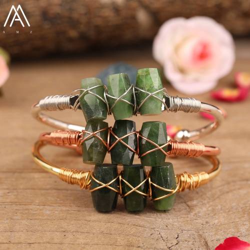 Natural Canadian Jades Stone Cylinder Beads Gold Cuff Bracelet For Women Gemstones Beads Adjustable Bangle Jewelry Gift Dropship