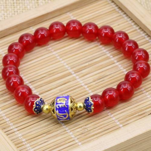 Natural red stone chalcedony jades 8mm round beads bracelets bangle for women gold-color cloisonne elegant jewelry 75inch B3167