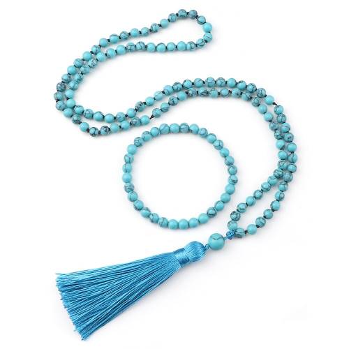 Natural Stone Blue Jades Beads Bracelets & Necklaces Set 108 Mala Tassel Necklaces Fashion Jewelry for Women Men Buddhist Gifts