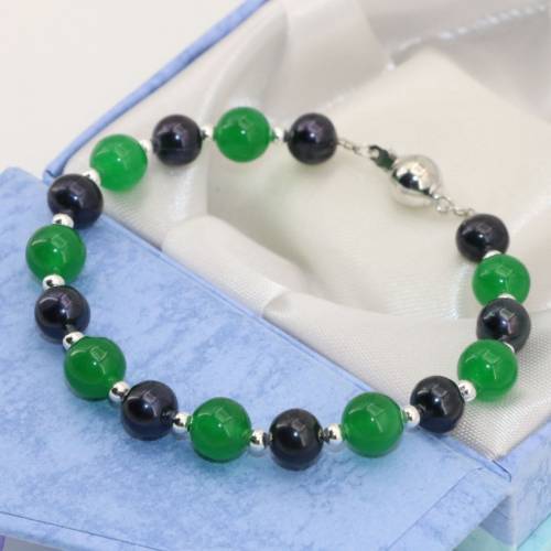 Original design new fashion 7-8mm black pearl 8mm green jades round beads elegant bracelers women charms jewelry 75inch B2752
