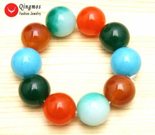 Qingmos Natural Jades Bracelet for Women with 18mm Round High Quality Multicolor Jades Stone Bracelet Jewelry 75‘‘ bra371