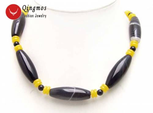 Qingmos Trendy Black 17‘‘ Agates Chokers Necklace For Women & 10*42mm Olive Shaped Black Agates & Yellow Jades Beads-5978