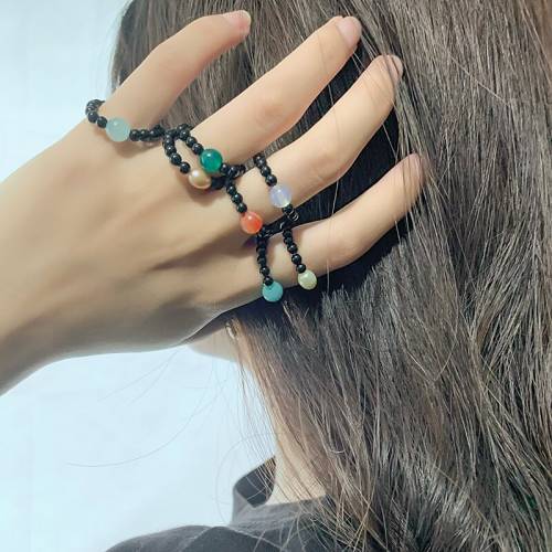 Bohemian 3mm Natural Stone Black Bead Rings for Women Handmade Pearl Ring Moonstone Amethyst Aquamarine Elastic Cord Accessories