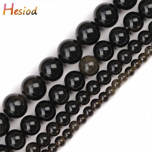 Heisod 4/6/8/10mm Natural Gold Obsidian Stone Beads Round for DIY Bracelet Accessories Jewellery Making