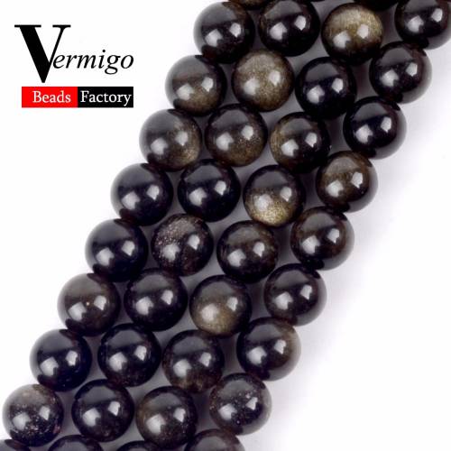 Natural Round Beads Gold Obsidian Stone Beads For Beadwork Jewelry Making Diy Bracelet Necklace 4 6 8 10 12mm 15Strand Perles