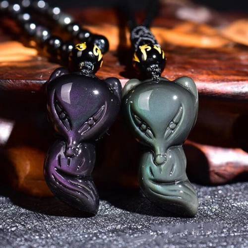 Natural Stone Obsidian Rainbow Eyes Q version Fox Pendant Necklace Unisex Jewelry Animal Lucky Amulet Pendant + Beads Necklace