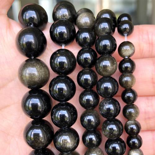 Wholsale Natural Stone Black Gold Obsidian Round Spacer Beads for Jewelry Making DIY Handmade Bracelet Necklace Accessories 15‘‘