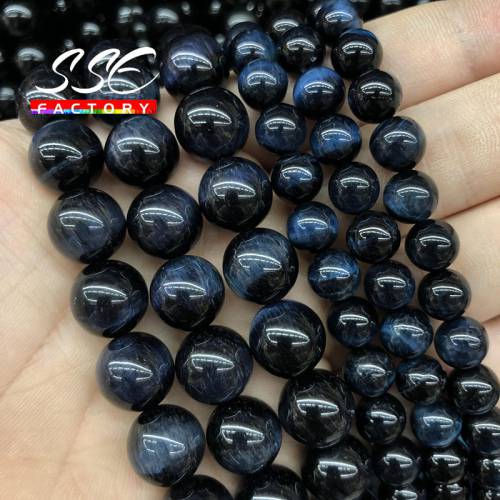 Natural Stone Dark Blue Tiger Eye Beads Round Loose 4 6 8 10 12 14 Mm 15‘‘ Strand Beads for Jewelry Making Bracelet DIY