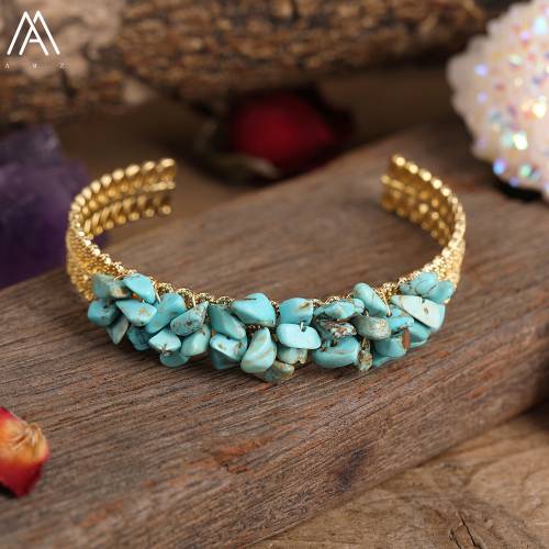 Natural Turquoise Tourmaline Stone Couple Open Wristband Bracelet For Women Gold Pearl Beads Adjustable Bracelet Jewelry Gift
