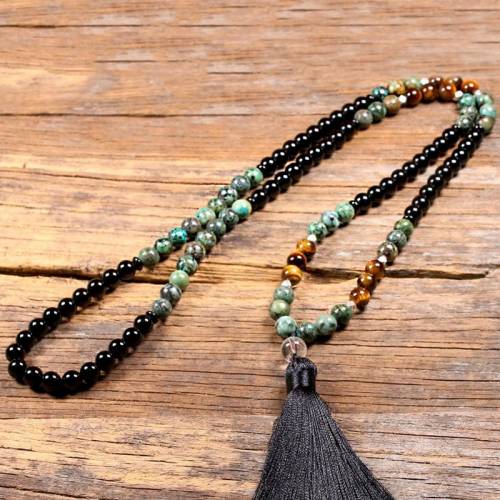 OAIITE 108 Japa Mala Beads Necklaces Natural African Turquoise Yellow Tiger Eye Stone Necklace For Women Yoga Prayer Jewelry