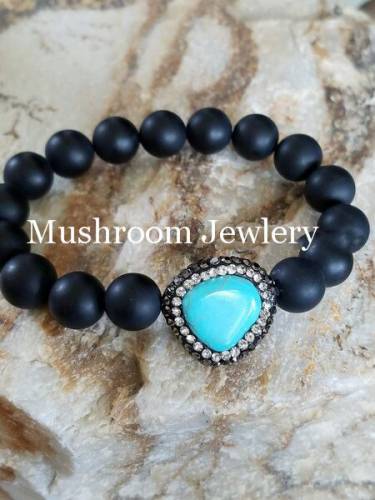 Pave Crystal Turquoise Charm Black Onxy Beads Stretch Bracelet for women natural stone beads bracelet