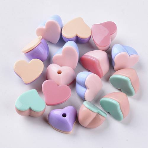 Arricraft Opaque Acrylic Beads - Two Tone - with Flat Plate - Half Drilled - Heart - Mixed Color - 15x18x135mm - Half Hole: 25mm