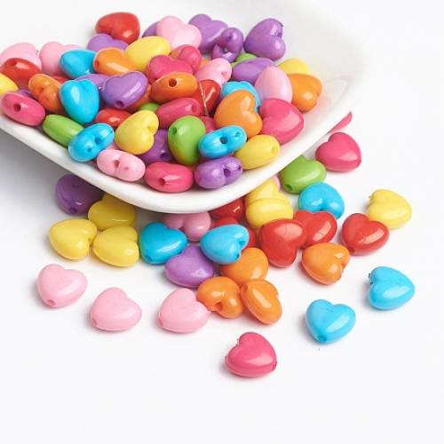 Opaque Acrylic Beads - Opaque - Heart - Mixed Color - Size: about 10mm long - 11mm wide - 6mm thick - hole: 2mm - about 2534pcs/1000g