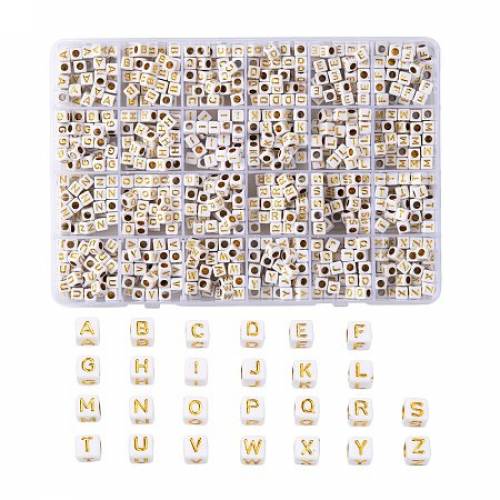 Plating Acrylic Beads - Metal Enlaced - Alphabet Style - Cube - Letter A~Z - 55~6x55~6x55~6mm - Hole: 35mm - 934pcs/box