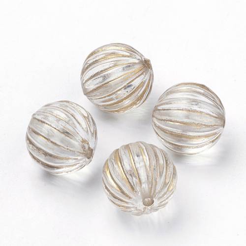 Plating Transparent Acrylic Beads - Golden Metal Enlaced - Corrugated Round - Clear - 12mm - Hole: 15mm; about 490pcs/500g
