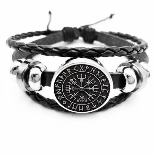 Initial / New Hot Sale Vegvisir Viking Compass Snap Button Bracelet Jewelry Glass Cabochon Black Bracelet Jewelry
