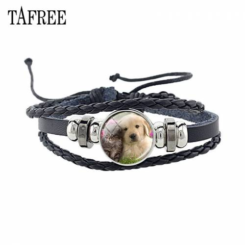 TAFREE Lovely Dog Leather Bracelet Glass Cabochon Dome Charm Multilayer Braided Bangles Jewelry For Woman&Men Gift n 224