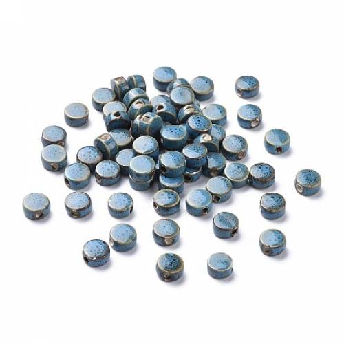 Arricraft Handmade Porcelain Beads - Fancy Antique Glazed Porcelain - Flat Round - Cornflower Blue - 9x5mm - Hole: 2mm