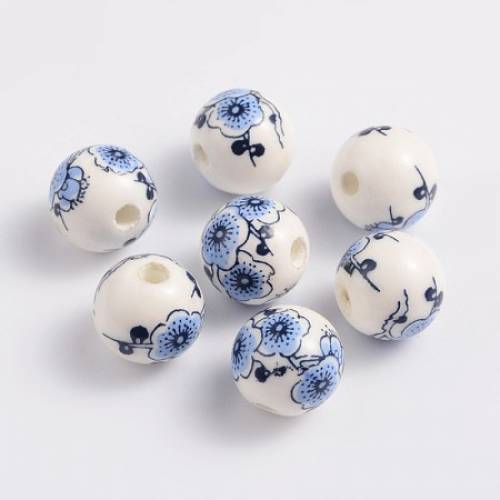 Arricraft Handmade Printed Porcelain Beads - Round - Blue - 12mm - Hole: 3mm