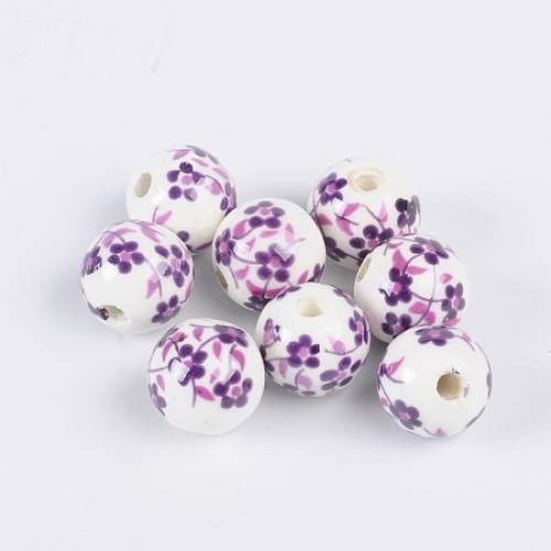 Arricraft Handmade Printed Porcelain Beads - Round - Purple - 12mm - Hole: 3mm