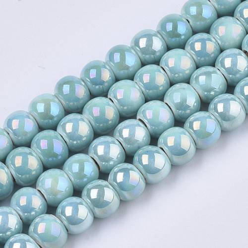 Electroplate Porcelain Beads - Handmade Bright Glazed Porcelain - AB Color Plated - Round - Turquoise - 7x6mm - Hole: 25mm - 2638 inches~2716...