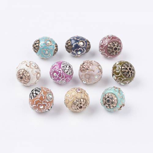 Handmade Indonesia Beads - with Alloy Cores and Crystal AB Rhinestone - Round - Mixed Color - 13~14x14~15mm - Hole: 15~2mm