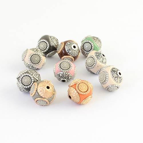 Handmade Indonesia Beads - with Alloy Cores - Round - Mixed Color - 14~16x14~16mm - Hole: 15mm