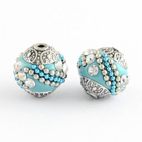 Handmade Indonesia Beads - with Crystal Rhinestones and Alloy Cores - Round - Antique Silver - Light Sky Blue - 14~16x14~16mm - Hole: 15mm