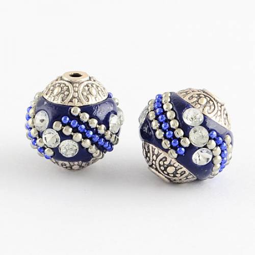 Handmade Indonesia Beads - with Crystal Rhinestones and Alloy Cores - Round - Antique Silver - Midnight Blue - 14~16x14~16mm - Hole: 15mm
